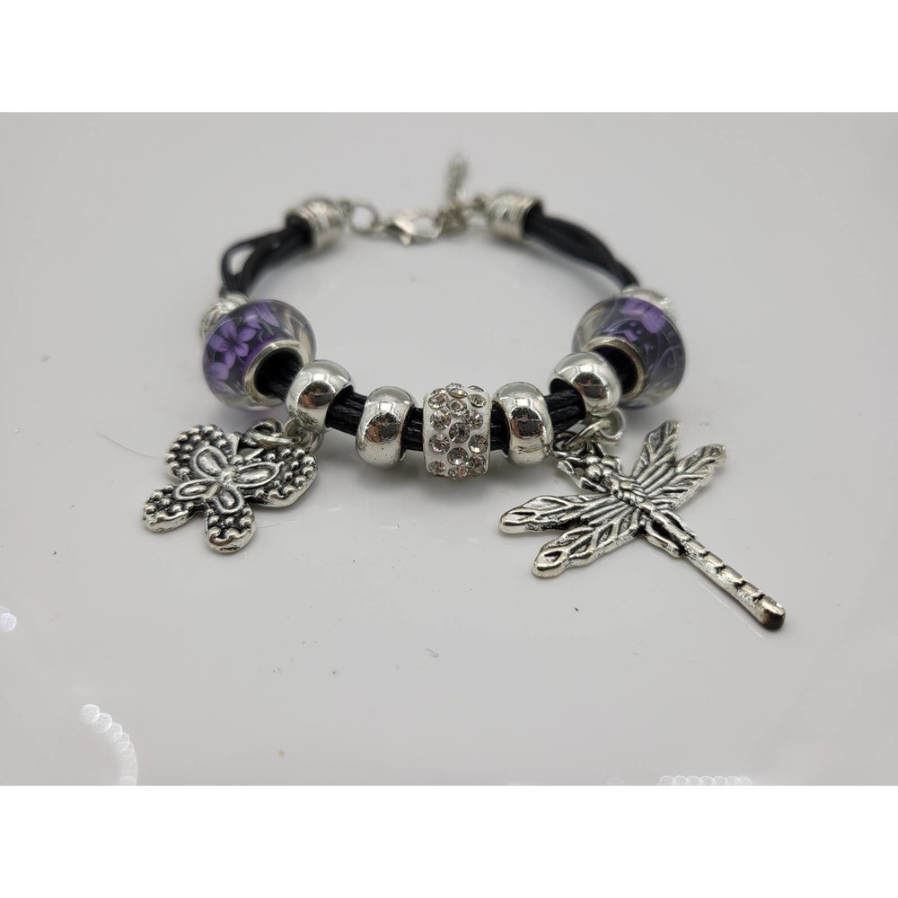 Women's Black Purple Silver Tone Dragonfly Butterfly Charm Bracelet